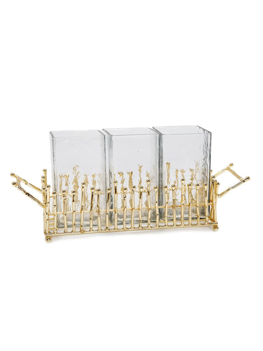 This silverware holder features a gold linear base which ties back to our popular tray set and canister set. Such a cute way to display silverware, or even restroom essentials.  