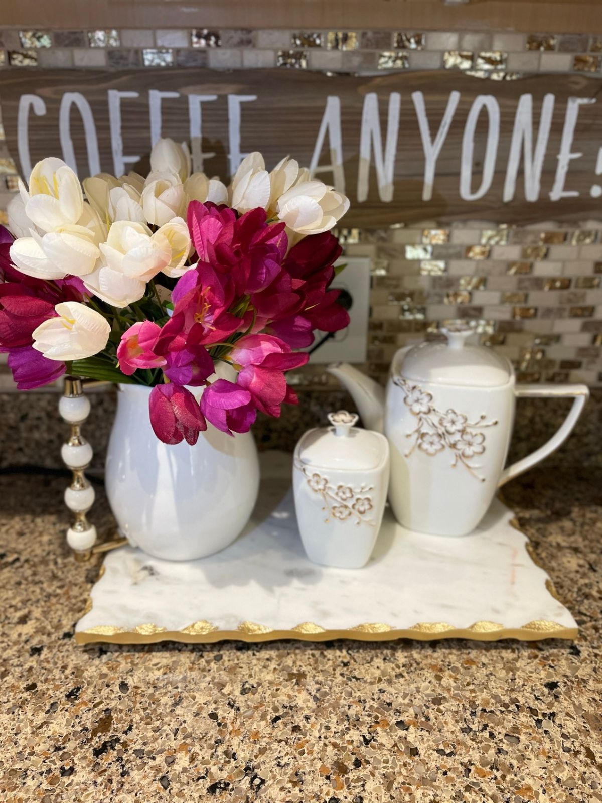 Milk Dispenser with Gold Floral Artwork Design and Handle