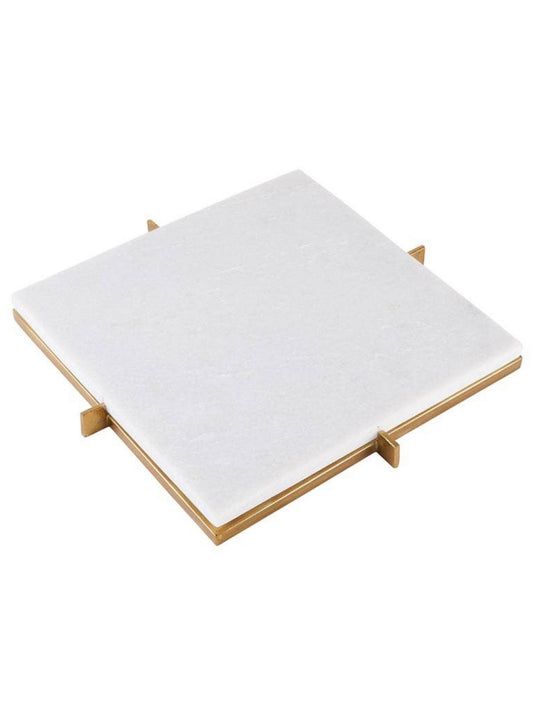 11 inch Squared White Marble Cheese Tray with Gold Metal Stand.
