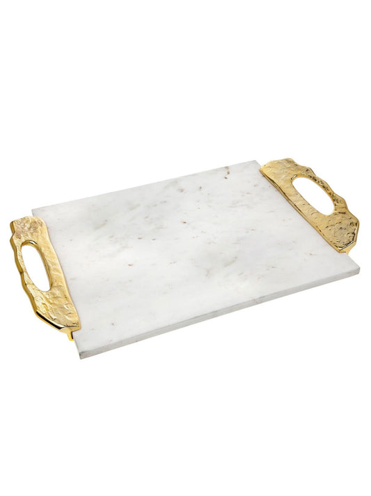 White Marble Decorative Lava Tray with Luxurious Gold Handles, 19L x 12W.