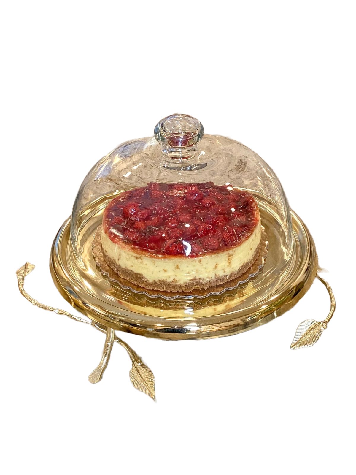 10.5D stainless steel gold leaf designed cake plate with glass dome sold by KYA Home Decor.