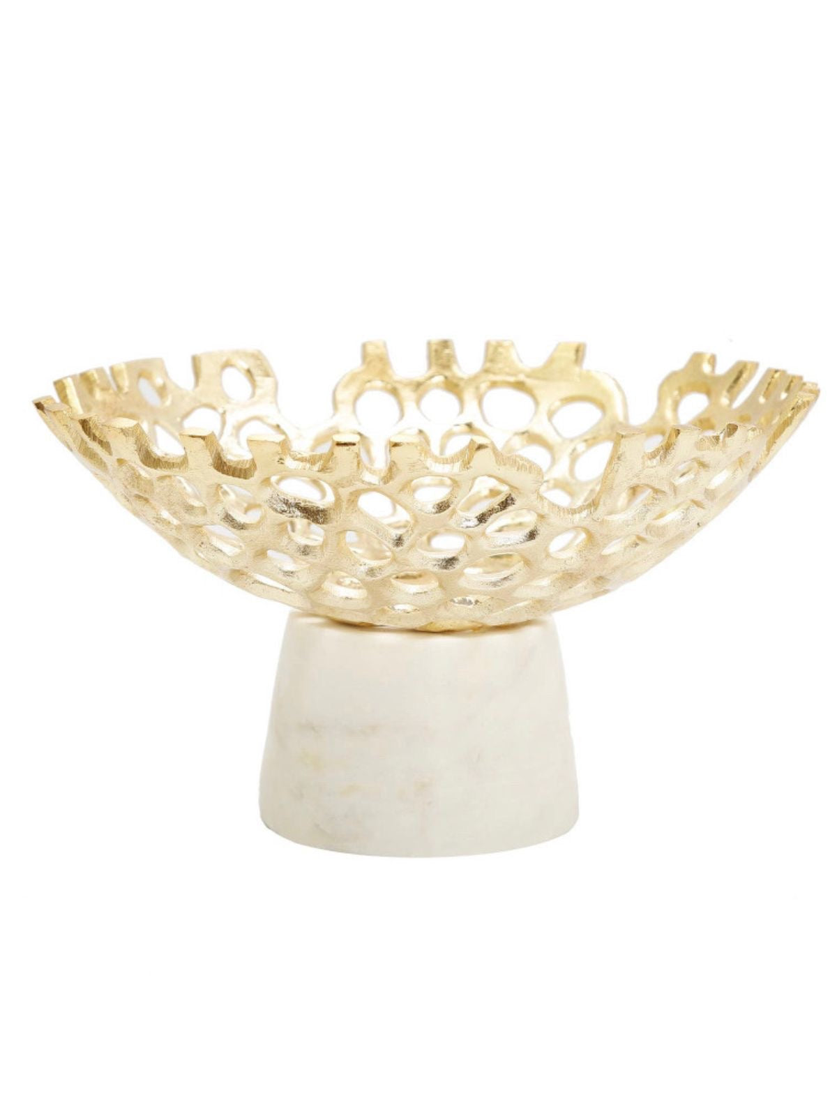 Gold Cutout Designed Bowl on White Marble Base, 5.5H x 9.5W.