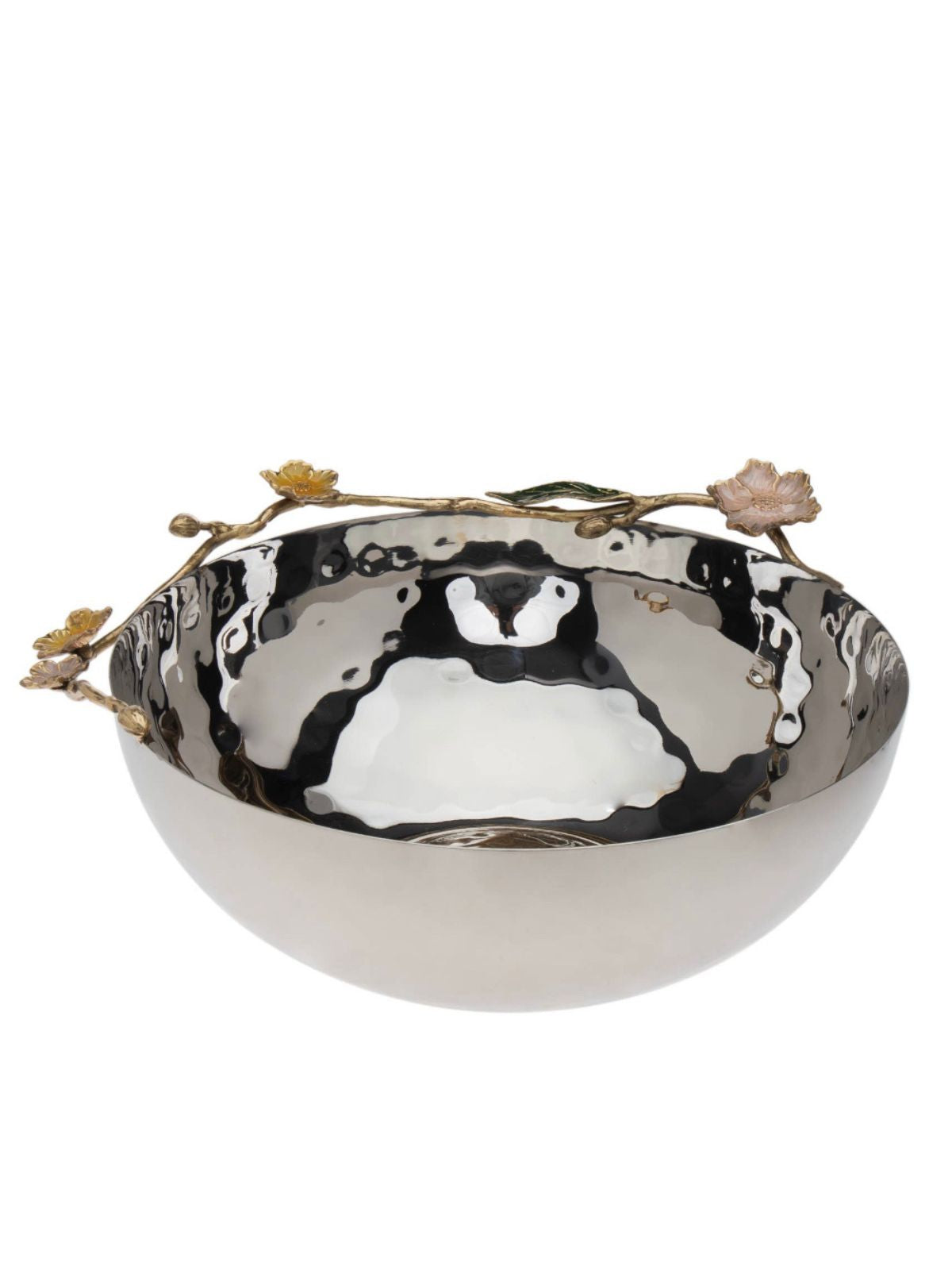 Stainless Steel Salad Bowl with Gold Brass Flower Design, Measures 13D.