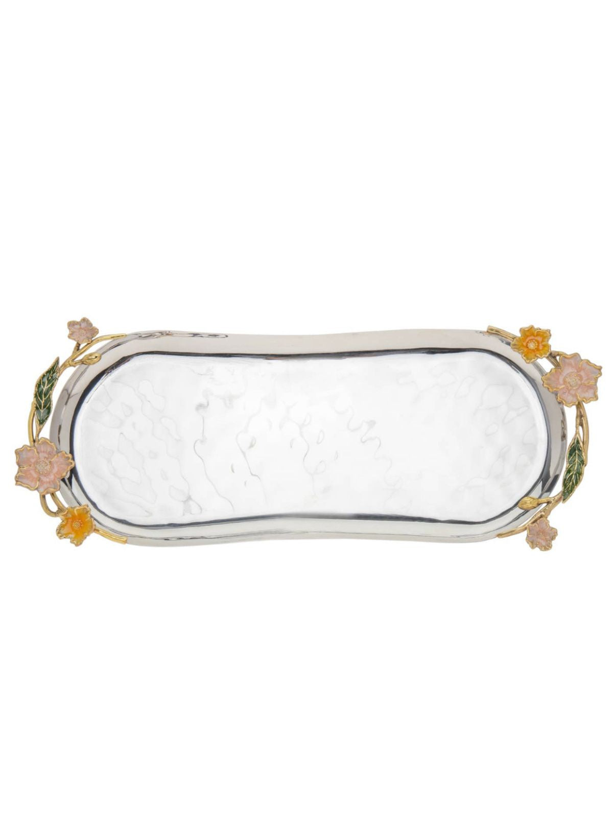 Stainless Steel Oval Tray With Flower Designed Handles Sold by KYA Home Decor.