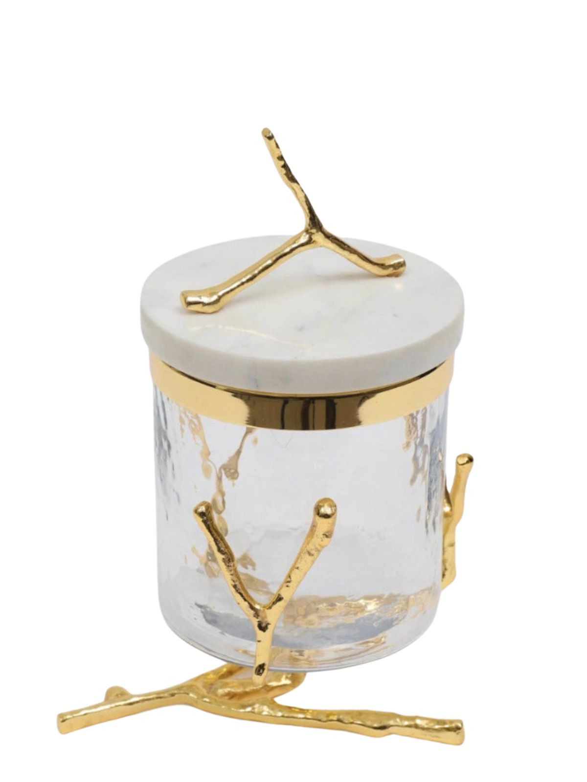 6H Luxury Glass Canister With Gold Twig Base and Marble Lid with Gold Twig Knob - KYA Home Decor.