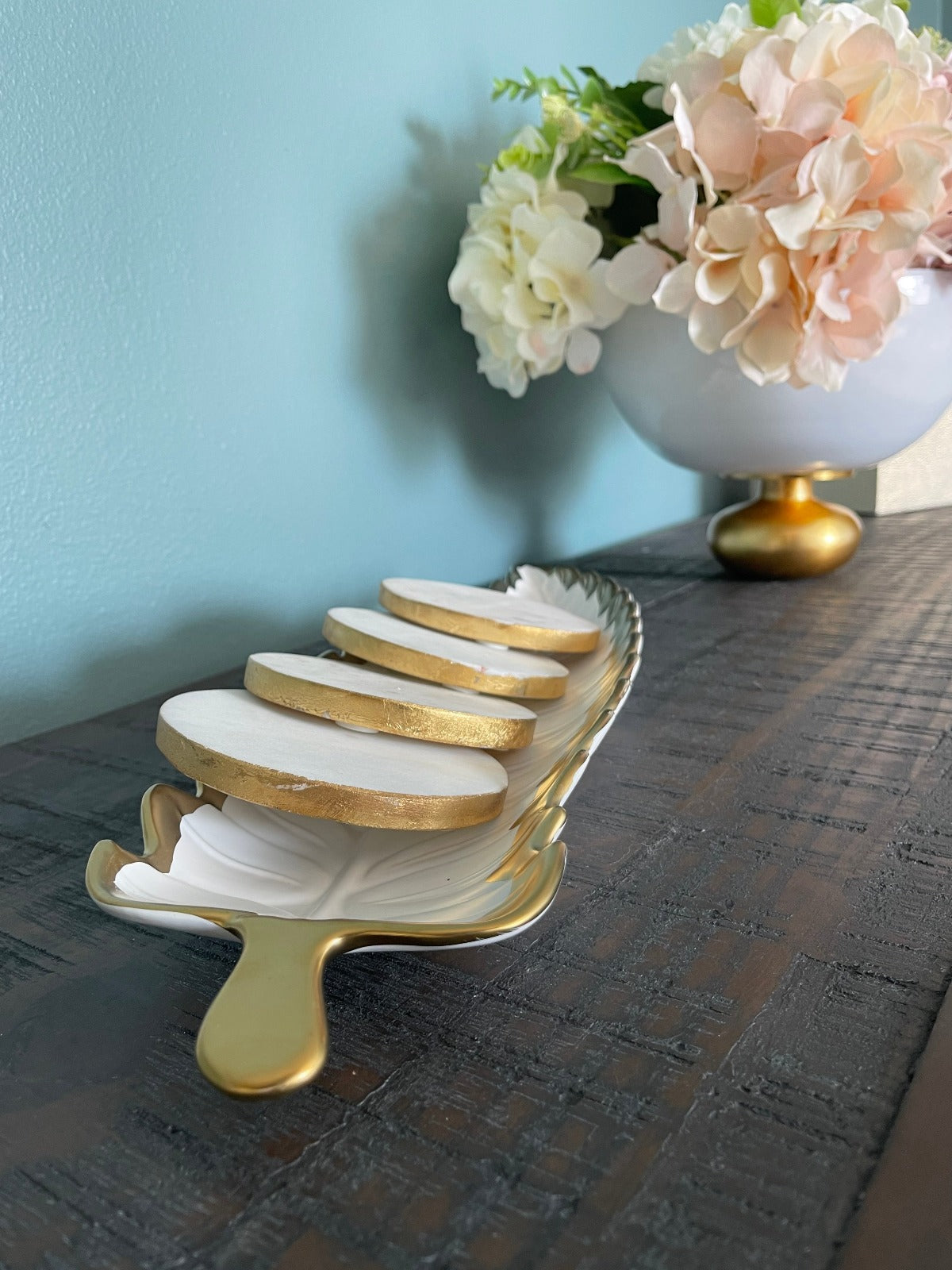 White Porcelain Leaf Designed Decorative Dish with Luxury Gold Rim Sold by KYA Home Decor.