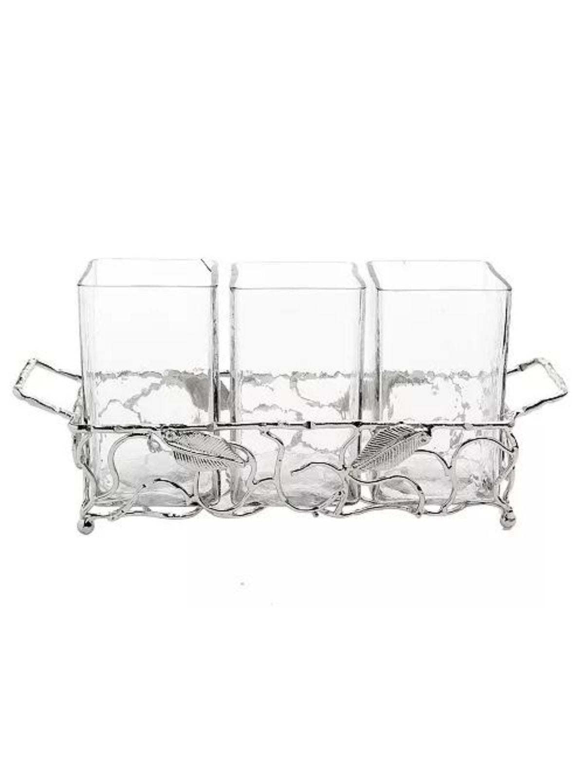 Glass Utensil Holder with Stainless Steel Silver Leaf Design.