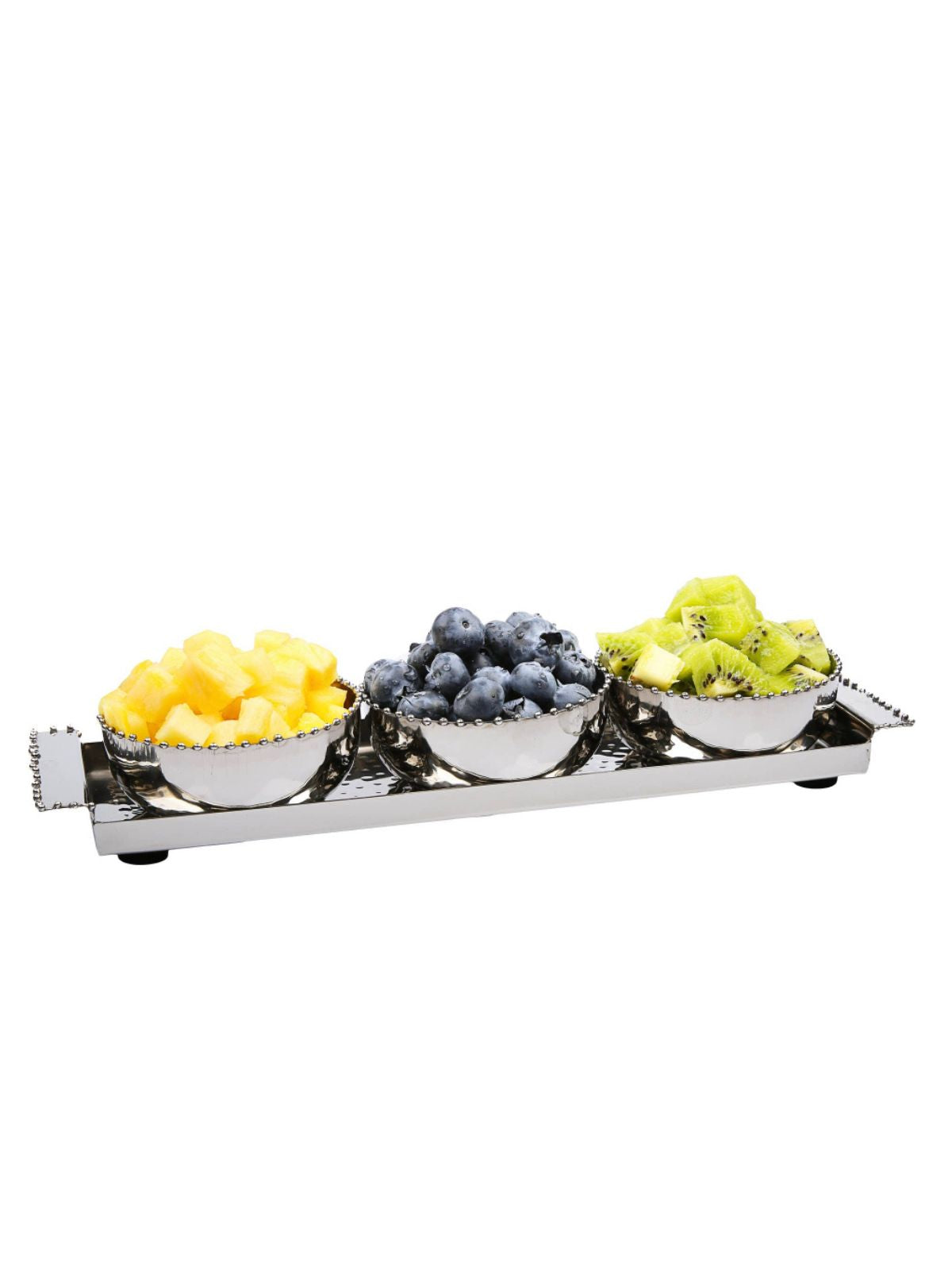 This relish dish features hammered stainless steel adorned with silver beading. This dish was handcrafted by professional artisans and is perfect for all occasions.