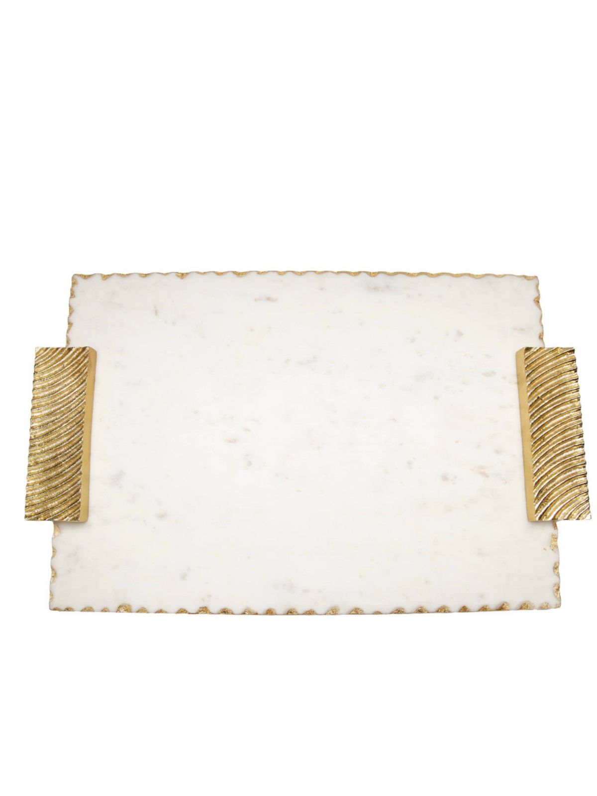 Luxurious White Marble Decorative Tray with Gold Brass Handles Top View, 16L x 11W.