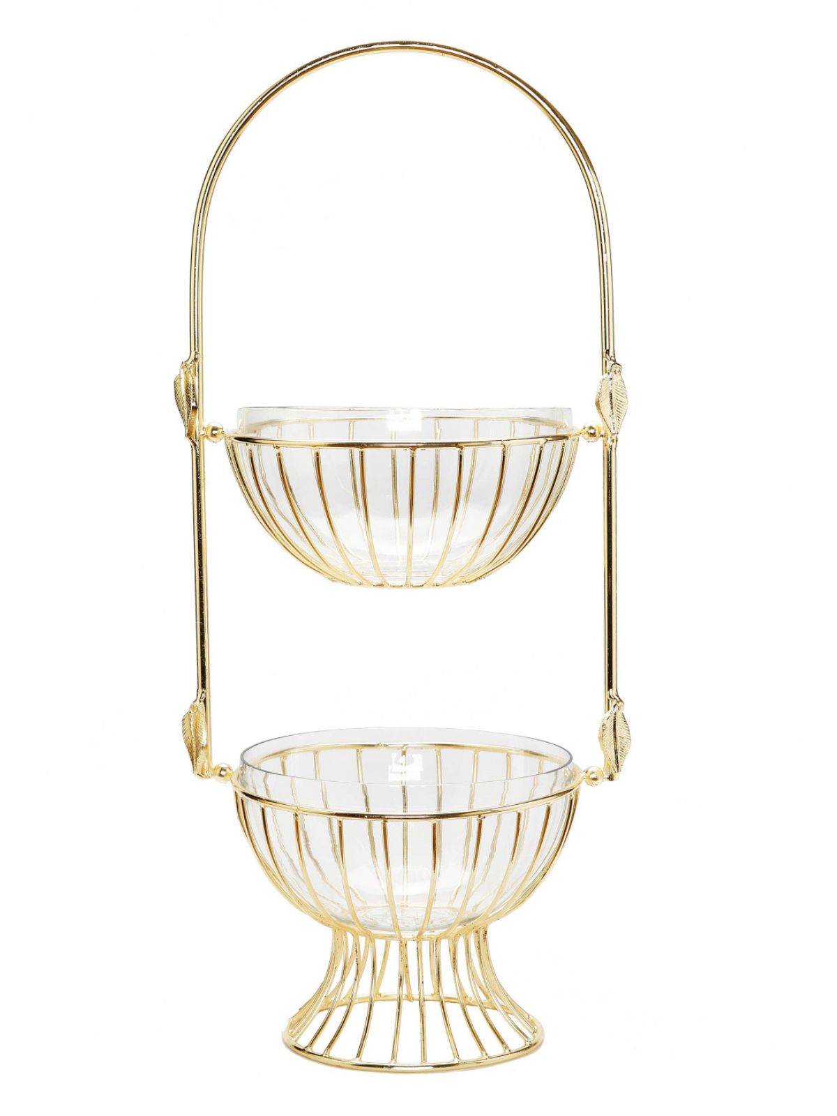 2 Tiered Centerpiece Glass Bowls with Gold Leaf Design, 22.75 inch Tall.