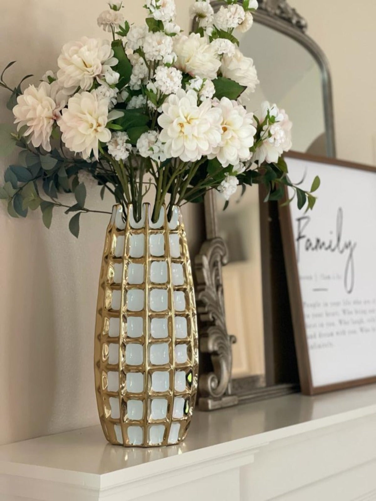 Luxury White Ceramic Decorative Vase With Gold Square Pattern with faux flowers - KYA Home Decor