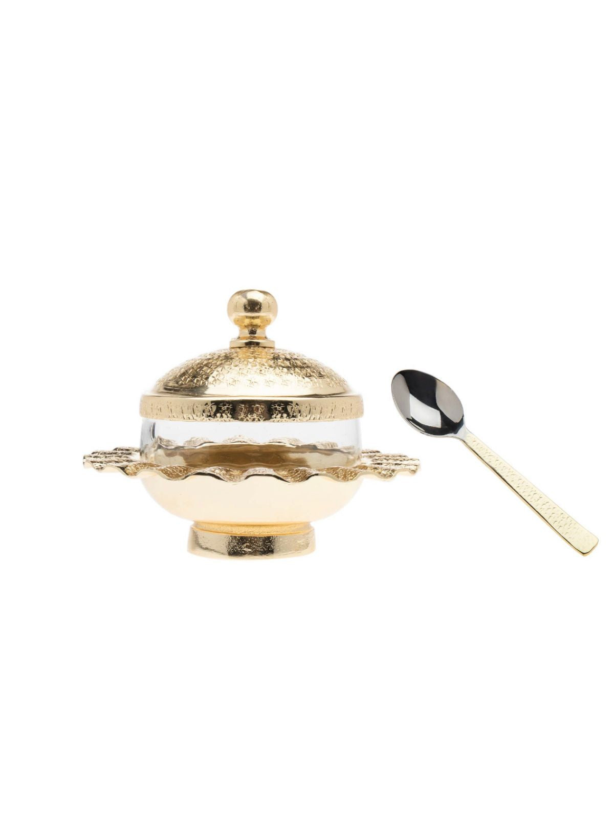 Glass Sugar Jar with Gold Ripple Edges and Spoon Sold by KYA Home Decor.