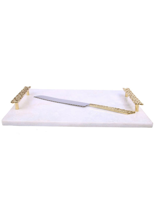 Luxurious White Marble Tray with Gold Mosaic Designed Handles and Stainless Steel Knife, 14L x 11W.