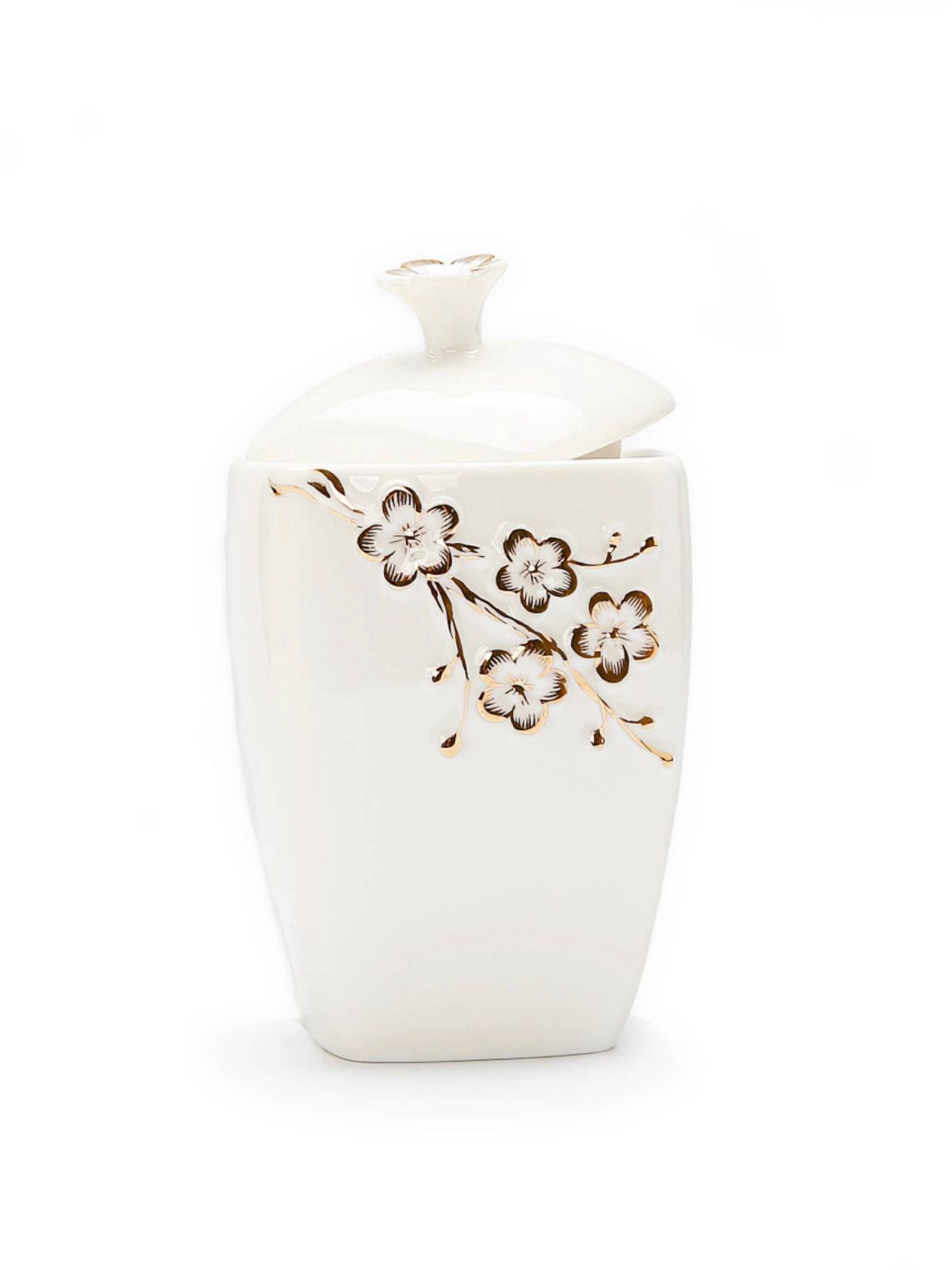 This covered sugar bowl features a white color with sparkling gold accents and a beautiful flower design. An exquisitely drawn floral adorns each piece with sparkling gold accents that make this bowl a truly gorgeous gift range.