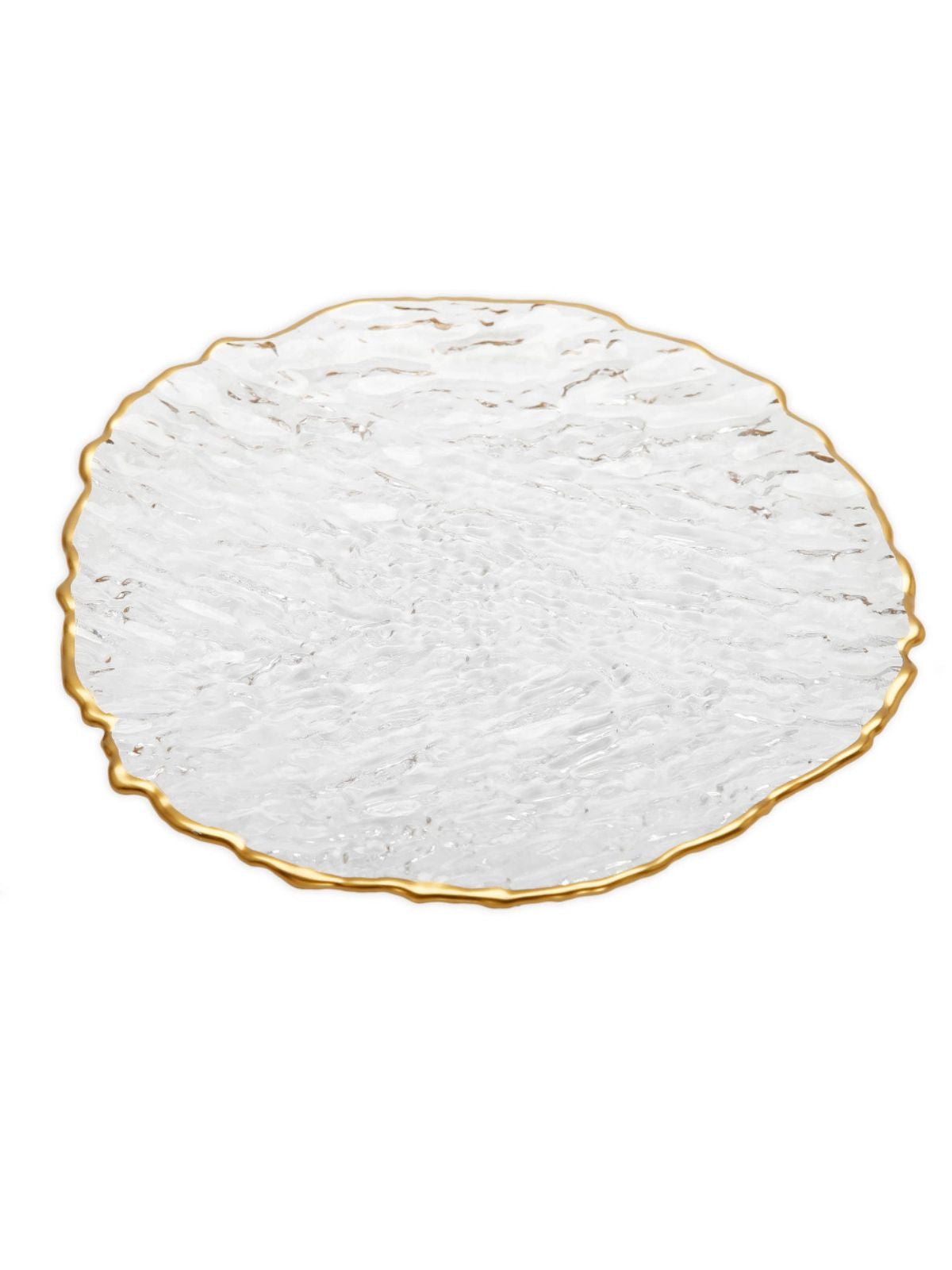Serving your guest on this plates will defiantly make a statement. This set of 12 plates were constructed out of crushed glass material and designed with a gold trim.