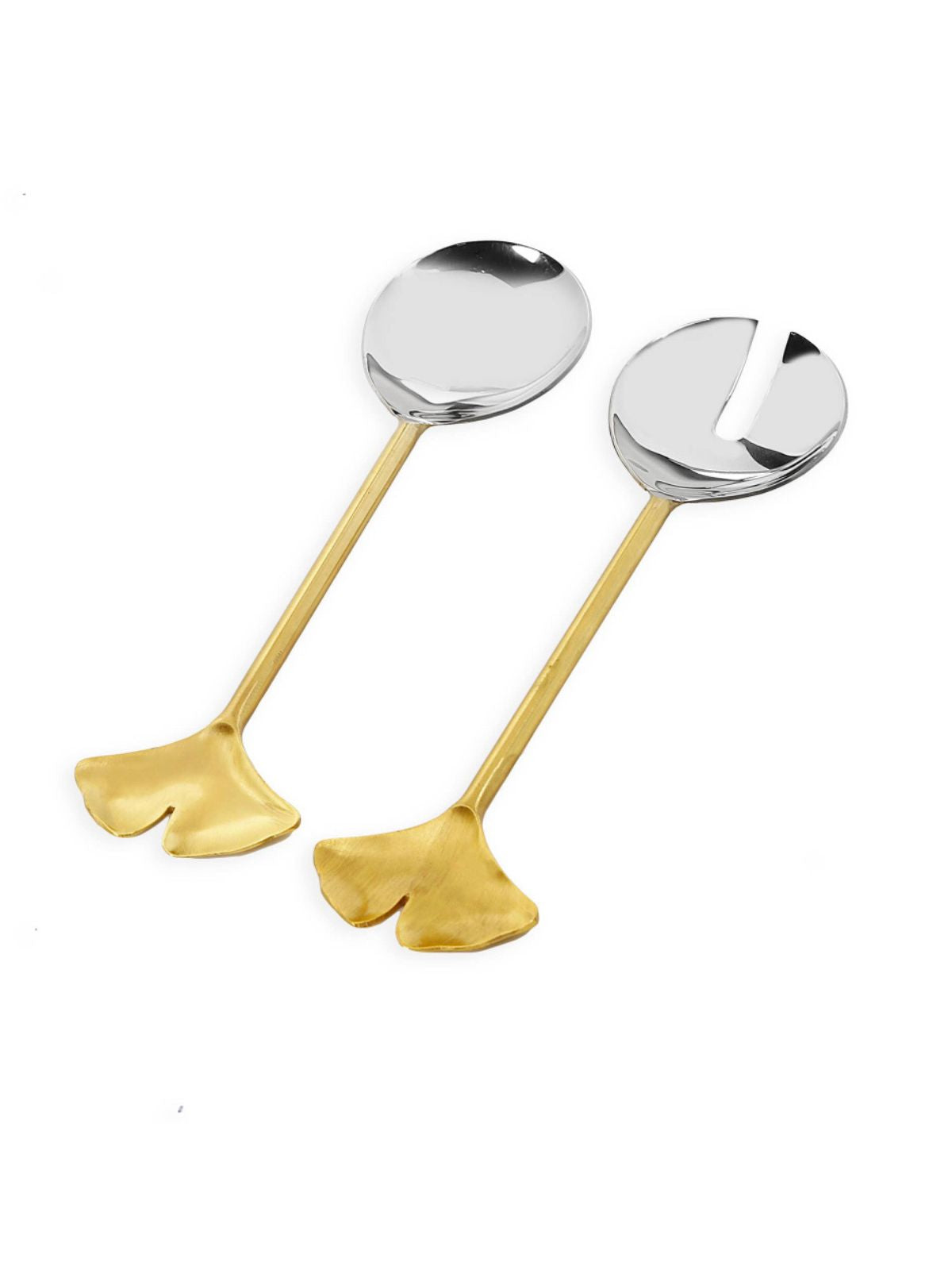 Add beauty to your serving decor with this hand-crafted stainless steel salad server set featuring gold floral handles that coordinates perfectly with its silver base. Available at KYA Home Decor