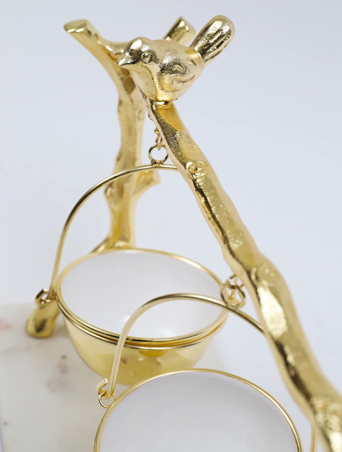 Marble Tray with 3 Hanging Bowls with Stainless Steel Bird on Top.