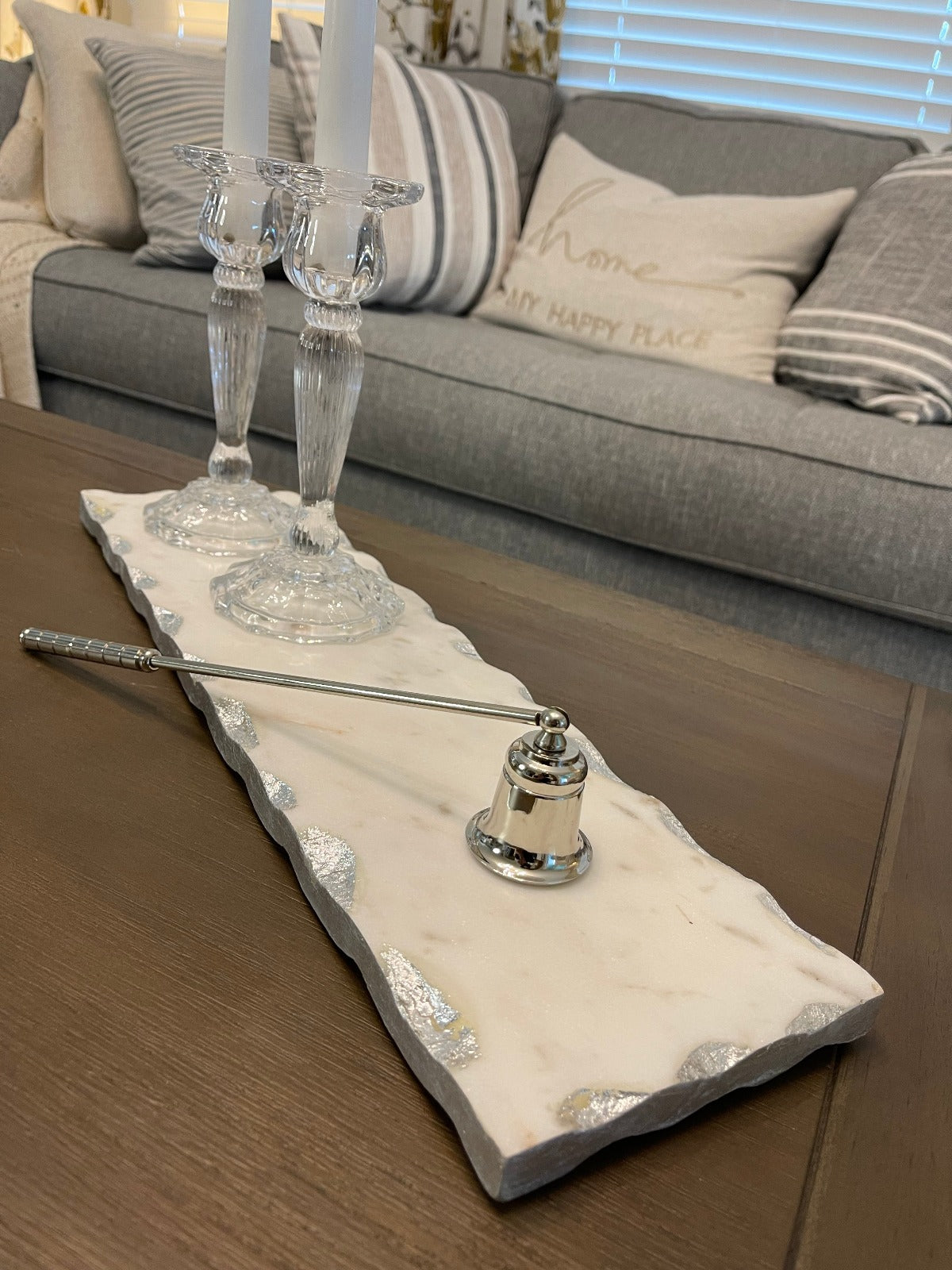 18L x 5W Oblong Marble Decorative Tray with Silver Metallic Edge Displayed with Candle Holders.