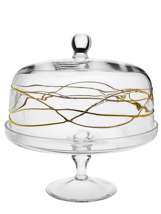 This Footed Glass Cake Stand and Dome is embellished with shimmering golden metallic Swirl Design. 
