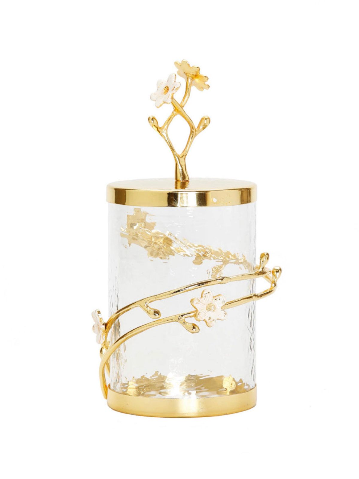 8H Luxury Glass Canister with Enamel Cherry Blossom Flower Design and Gold Lid - KYA Home Decor.
