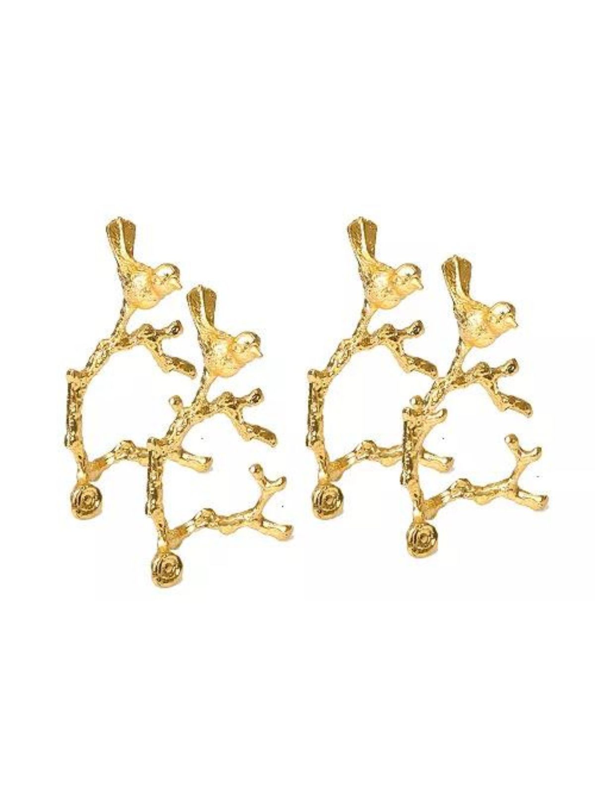 Set of 4 Gold Bird On Twig Designed Stainless Steel Napkin Rings.