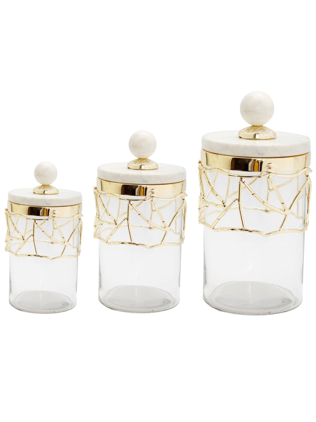 Luxury Kitchen Glass Canister With Gold Mesh Design and Marble Lid, Available in 3 Sizes.