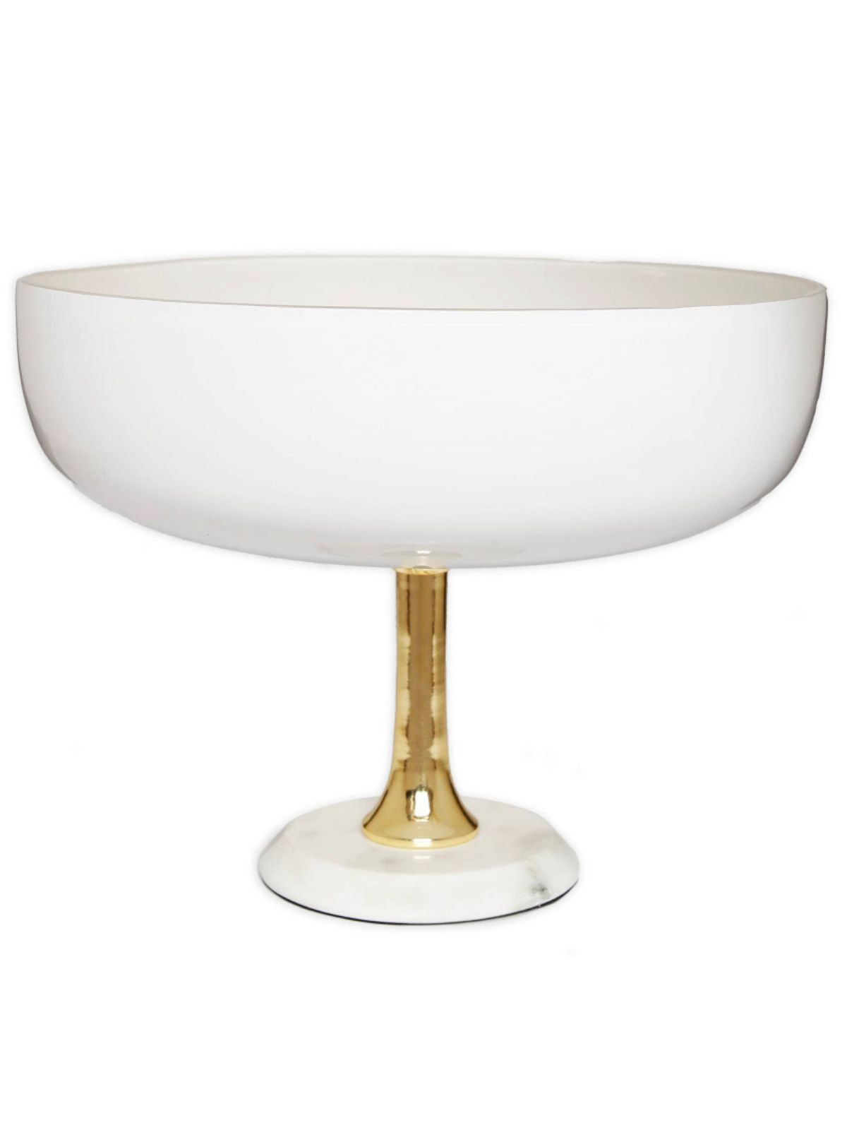 Luxury white glass decorative bowl with a lustrous gold stem sitting on sturdy marble base, 11.75D x 7H.