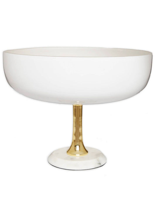 Luxury white glass decorative bowl with a lustrous gold stem sitting on sturdy marble base, 11.75D x 7H.