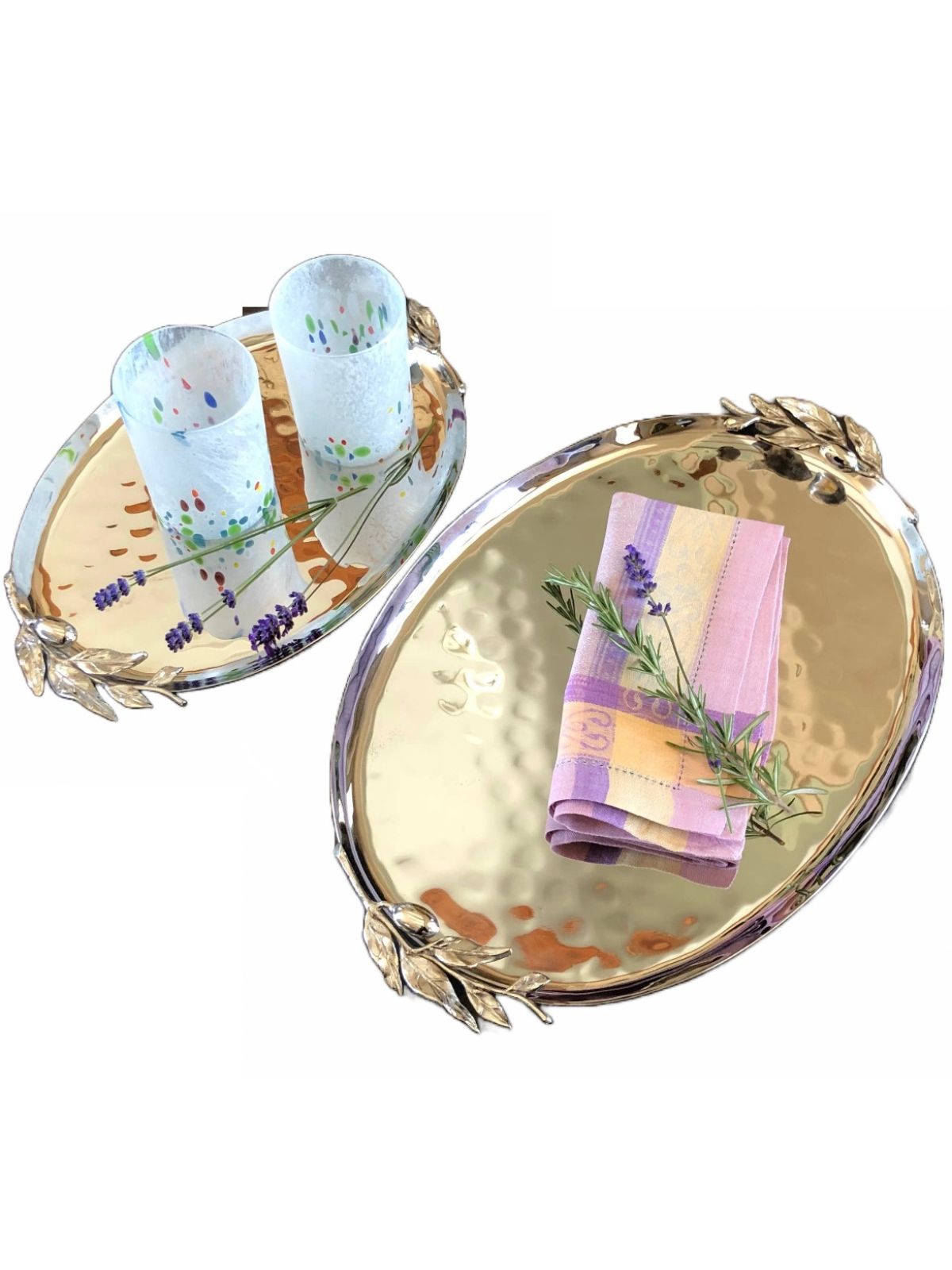 23 inch Stainless Steel Centerpiece Serving Tray with hammered textures and olive leaf designs on the edges, Collection Sold by KYA Home Decor.