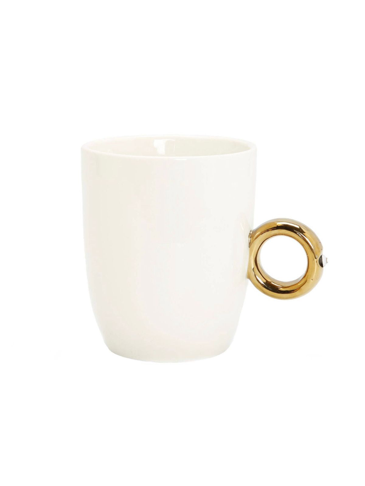 This is a gorgeous white and gold coffee mug with beautiful gold handle. Its gold ring handle and clear crystal detail is sure to become a favorite on your coffee station.