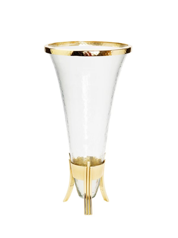 This 13.5H glass designer vase has a luxurious gold symmetrical designed base - KYA Home Decor.