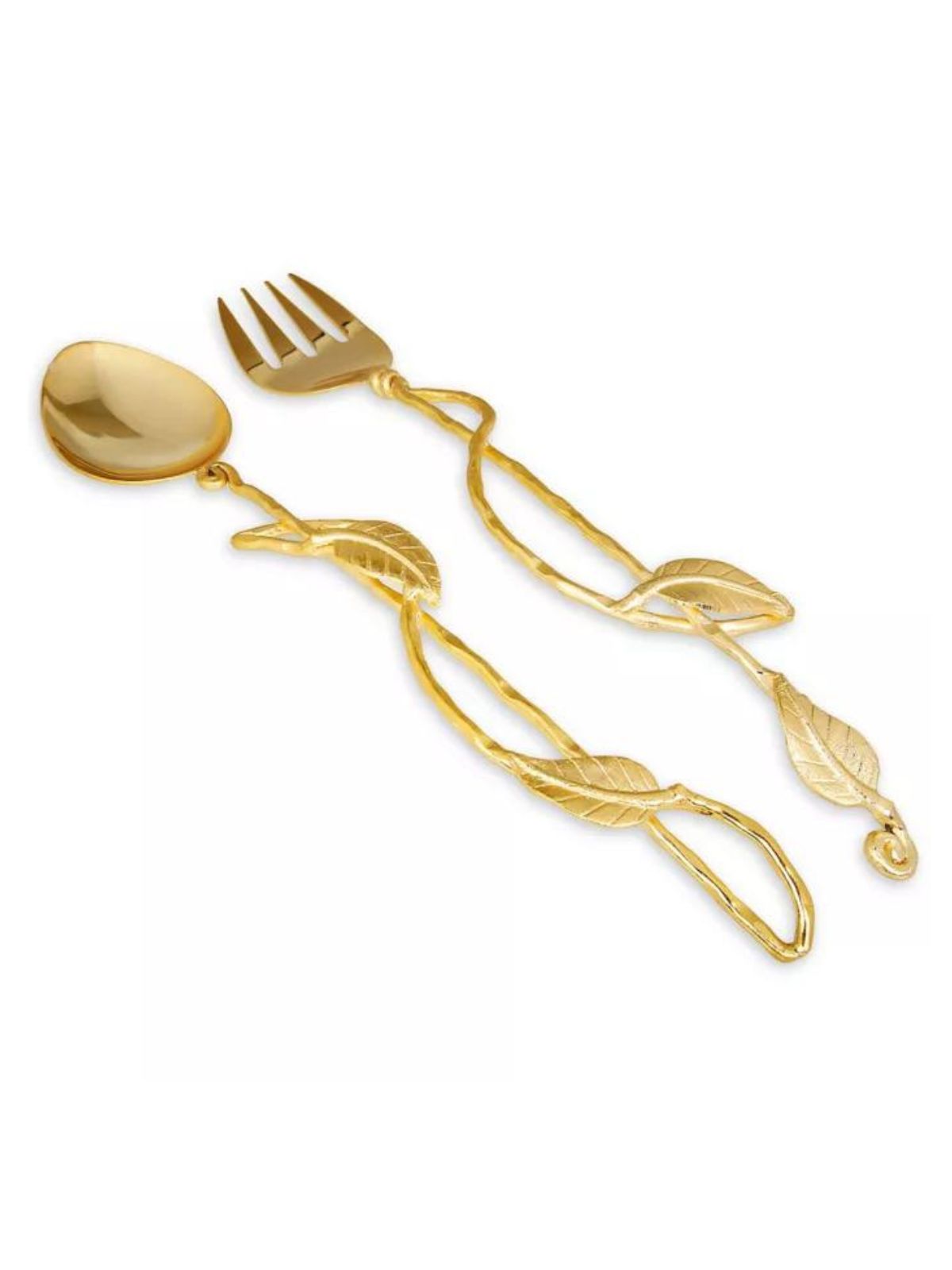 Stainless Steel Salad Servers Set with Gold Leaf Design.