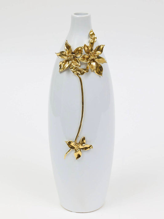 18 inch Tall White Vase with Gold Tone Flower Petals Design.