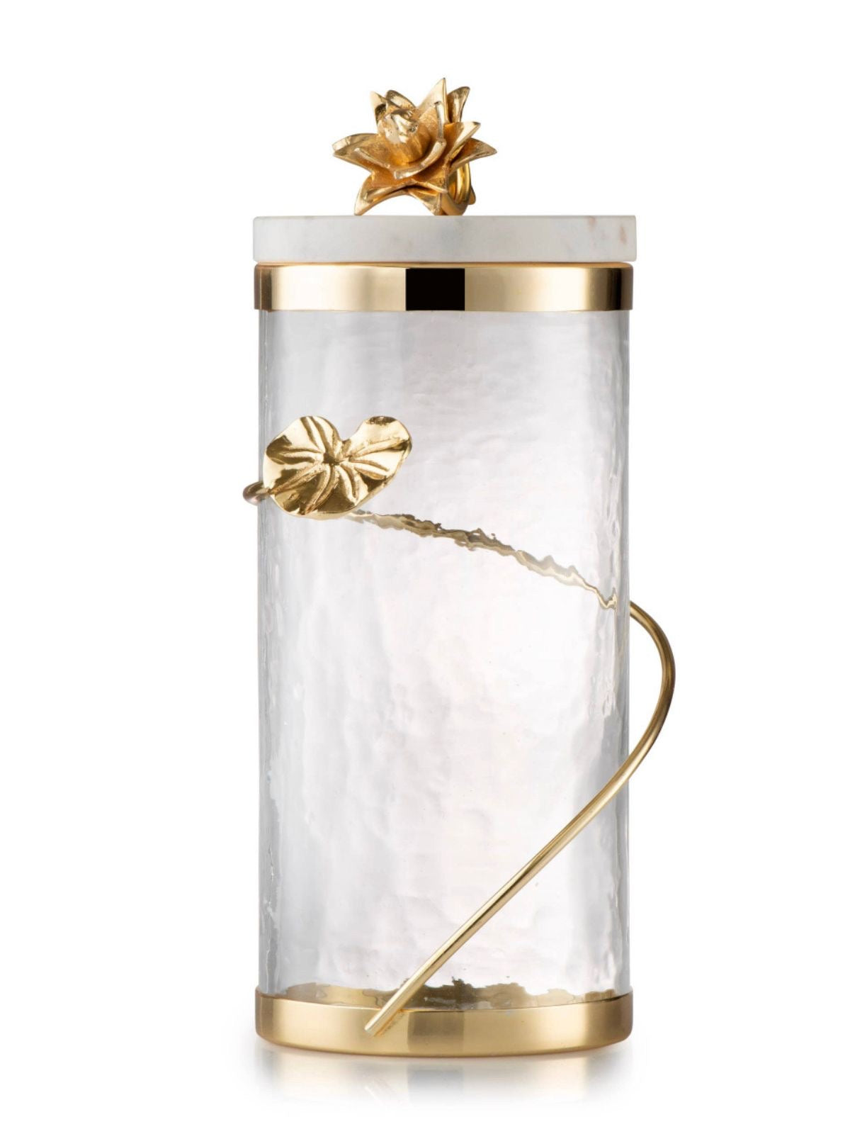 10H Luxury Glass Canister With Gold Heart and Flower Knob Design on Marble Lid - KYA Home Decor.