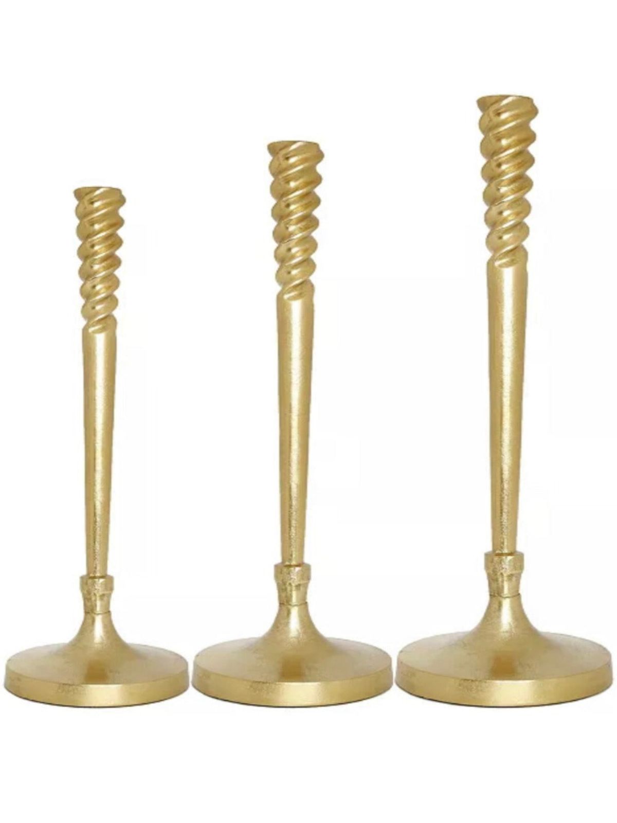 These Gold Stainless Steel Candlestick Holders Have A Spiral Design On Top. Available in 3 Sizes.