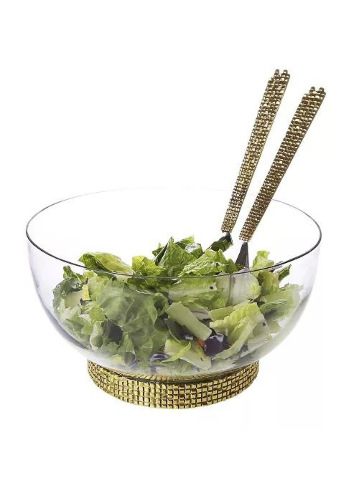 Set of 2 Stainless steel salad servers with gold mosaic handles, elegantly styled with a bowl of salads.