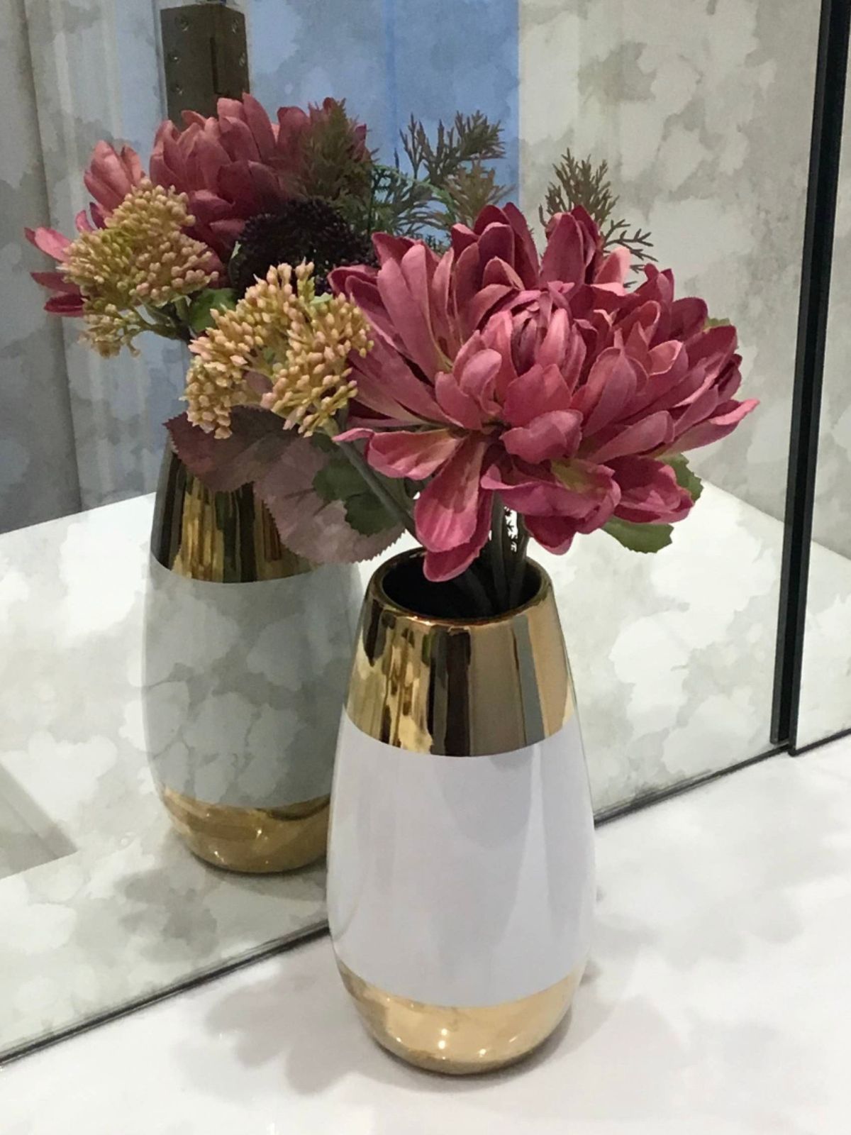 7H White and Gold Ceramic Bud Decorative Vase with Faux Flowers - KYA Home Decor.