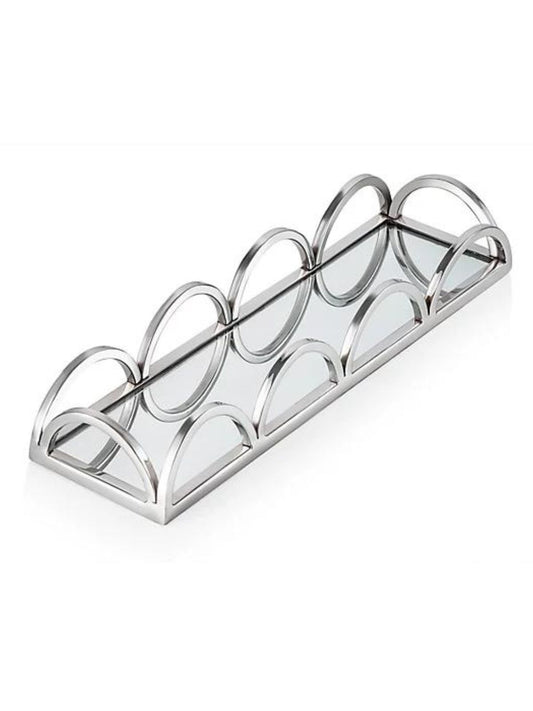 Rectangular Mirrored Decorative Vanity Tray with Chrome Loop Edges, 15in.