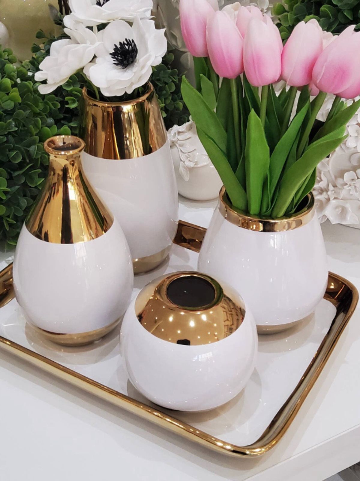 White Oblong Ceramic Decorative Tray with Luxury Gold Edges, Entire Collection Sold by KYA Home Decor.