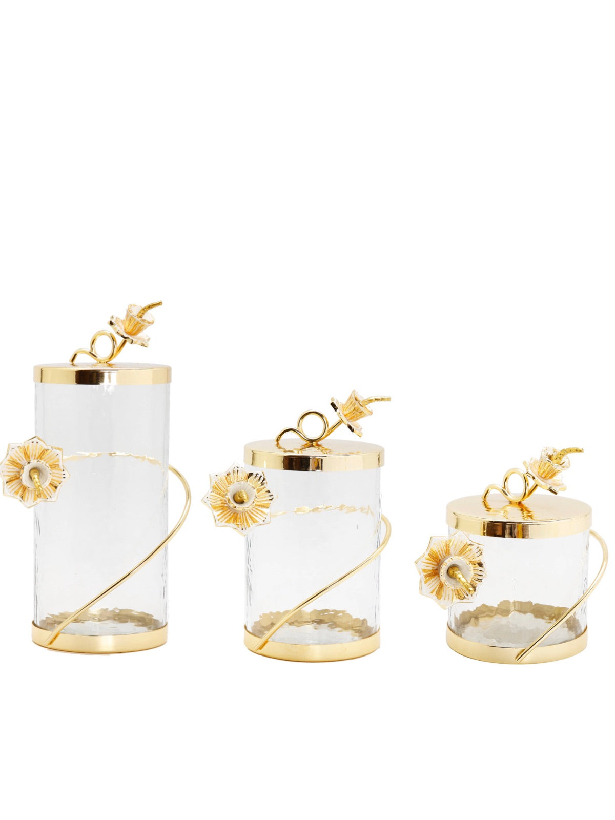 The Rose of Sharon Glass Canister with Gold Lid and Enamel Flower Design on Knob has an elegant and decorous design.
