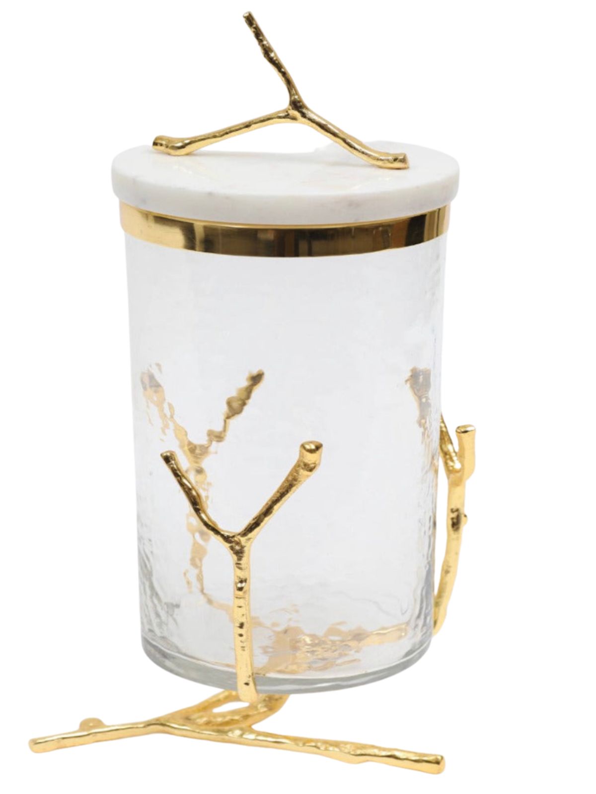 13H Luxury Glass Canister With Gold Twig Base and Marble Lid with Gold Twig Knob - KYA Home Decor.