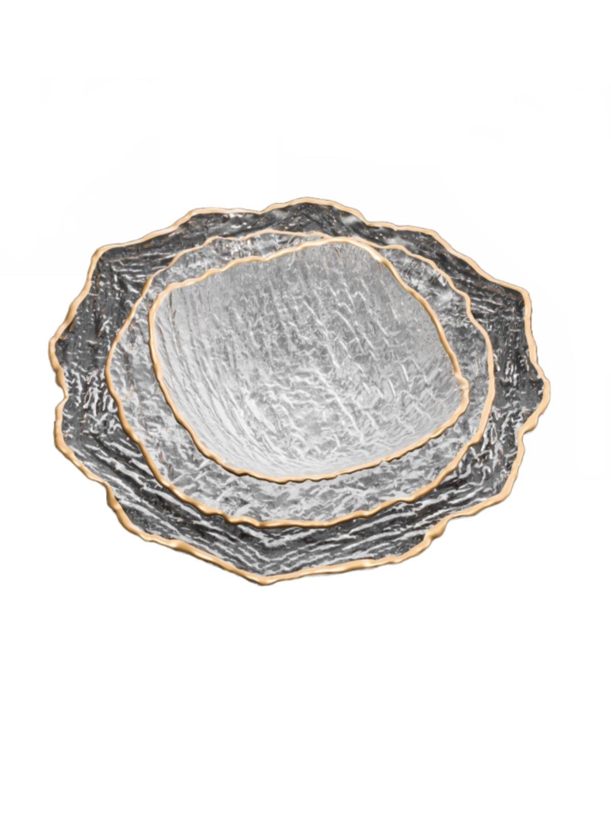 Serving your guest on this plates will defiantly make a statement. This set of 12 plates were constructed out of crushed glass material and designed with a gold trim.