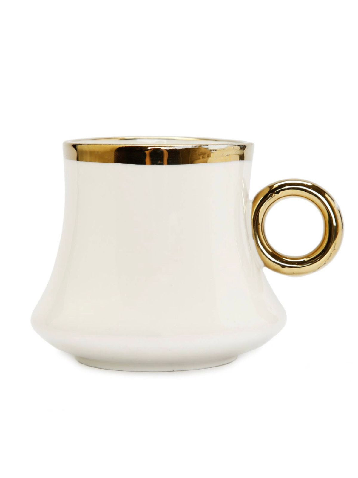 This is a gorgeous white and gold coffee mug with beautiful gold handle. This mug and saucer set is sure to become a favorite on your coffee station.