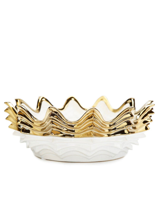White and Gold Scalloped Shaped Bowl  Measuring 10D x 6H inches - Unique Design with Two-Tone Colors for a Luxurious Home Decor Accent.