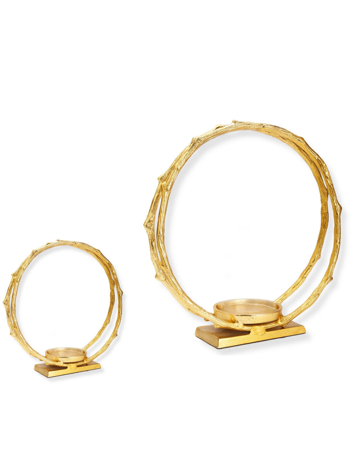 Gold Circle Stainless Steel Hurricane Candle Holder with Double Hoop Design, Available in 2 Sizes.