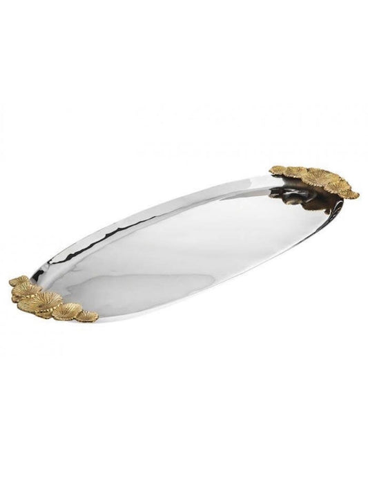 Stainless Steel Oval Tray with Gold Floral Designed Handles