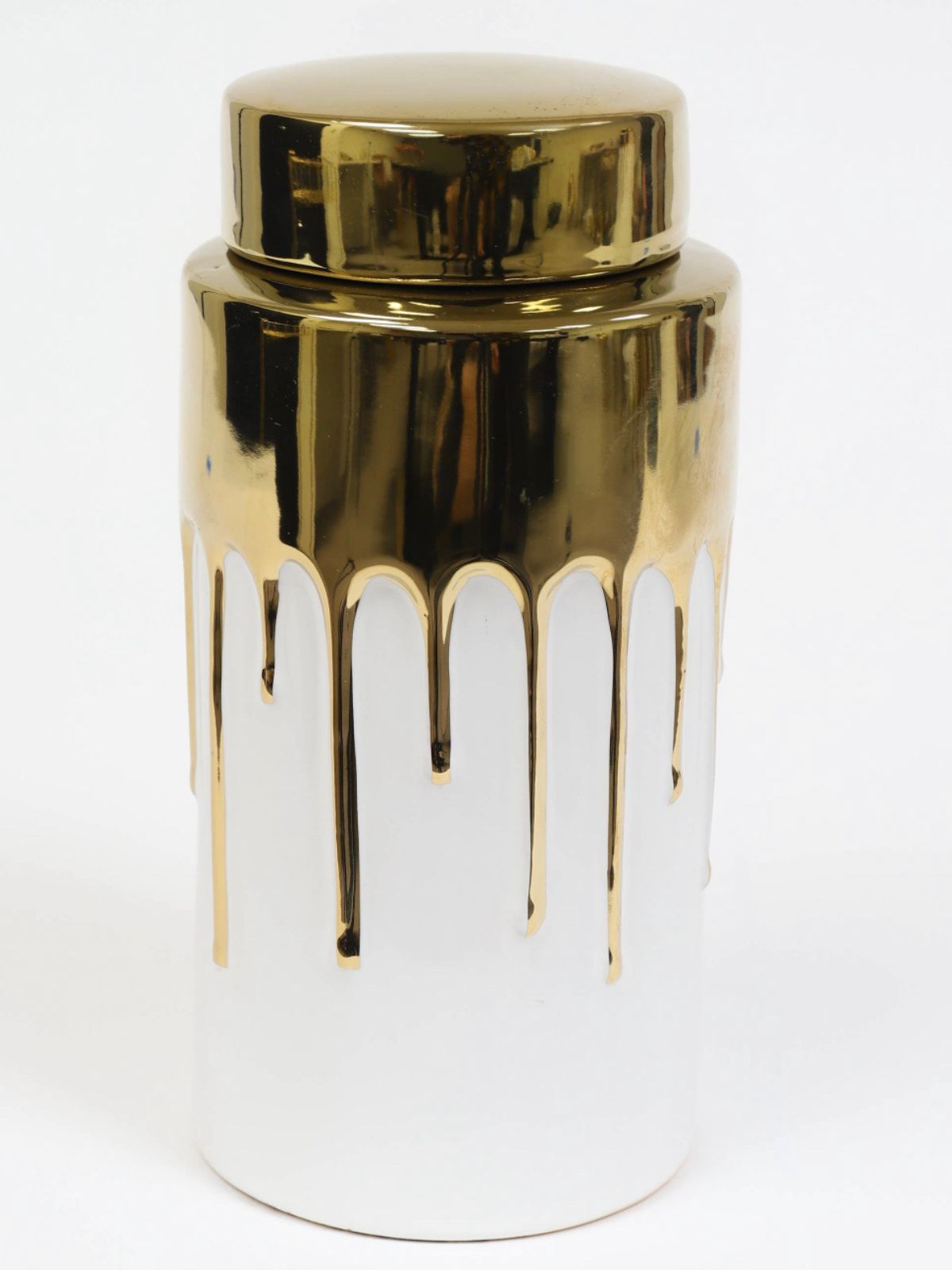 11.8H White Ceramic Decorative Jar With Gold Cover and Luxurious Drip Design - KYA Home Decor