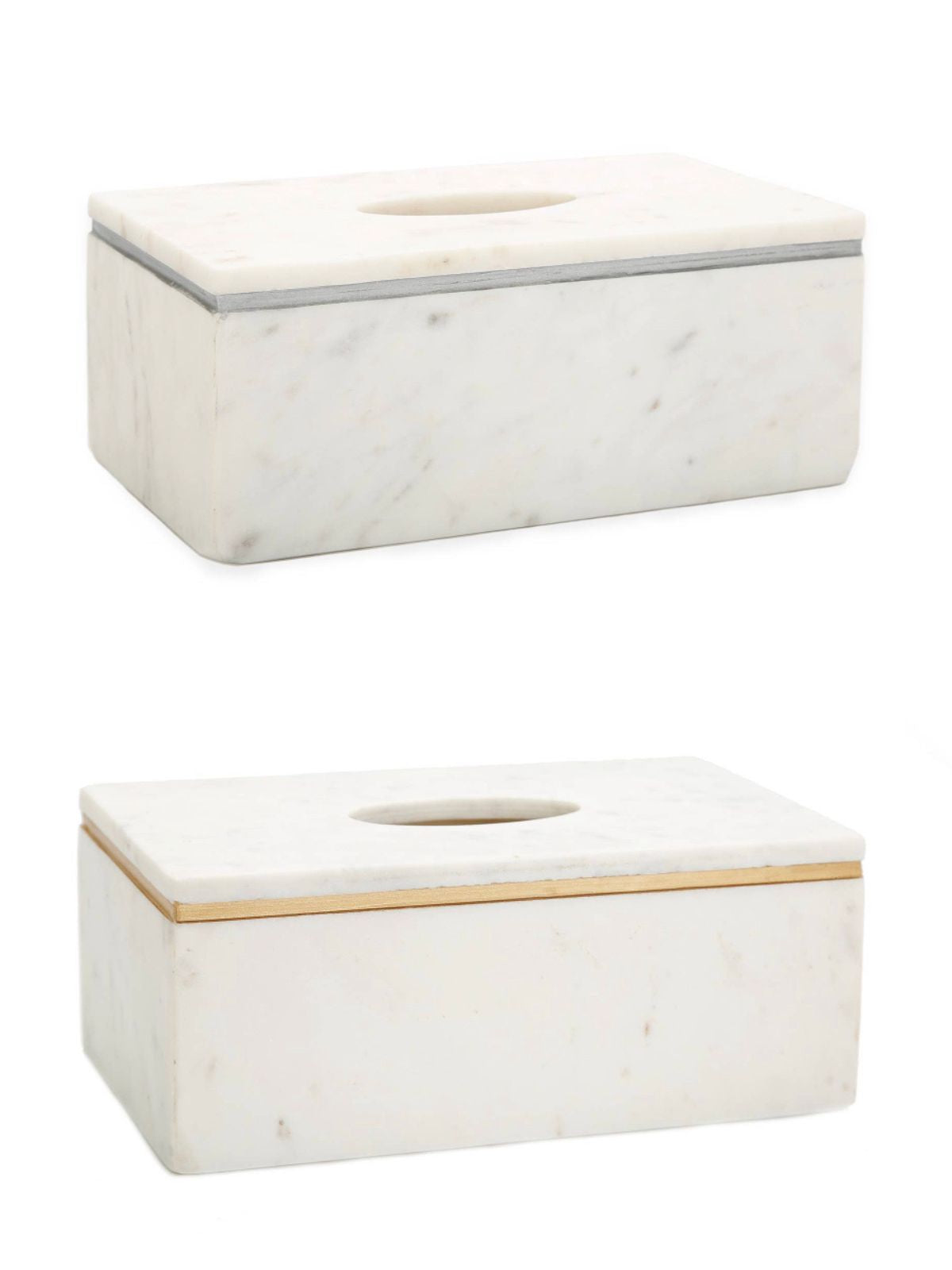 White Marble Tissue Holder With Metallic Rim Design, Available in Gold or Silver.