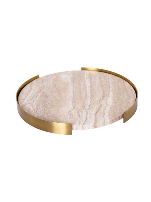 Luxurious Pink Round Marble Decorative Tray With Gold Metal Outline, 12D inches. 
