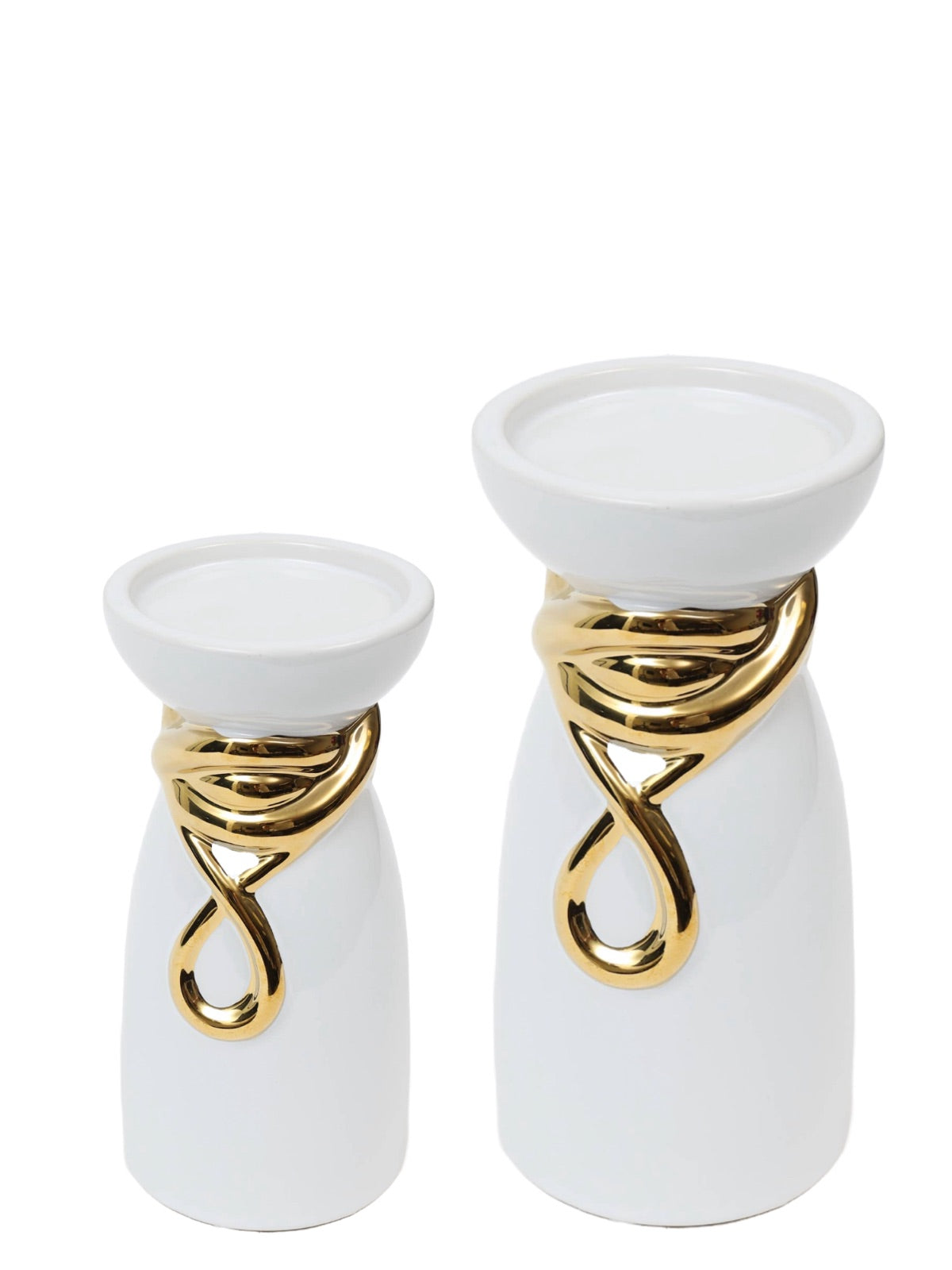 White Ceramic Candle Holder with Gold Ribbon Design. Available in 2 Sizes. Sold by KYA Home Decor.